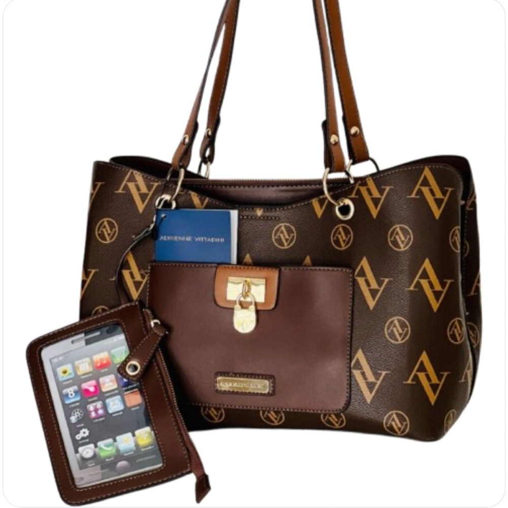 Adrienne Vittadini Brown Designer Tote Bag with Phone Bag